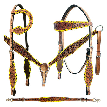 Bar H Equine American Leather Horse Saddle Tack One Ear Headstall | Breast Collar Browband Wither Strap Set BER257